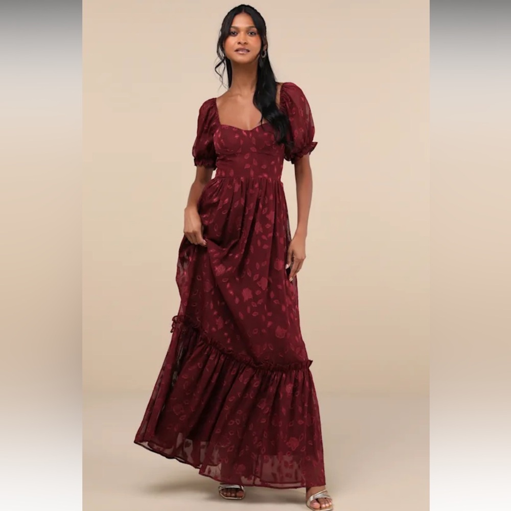LULUs Burgundy Floral Bustier Maxi Dress